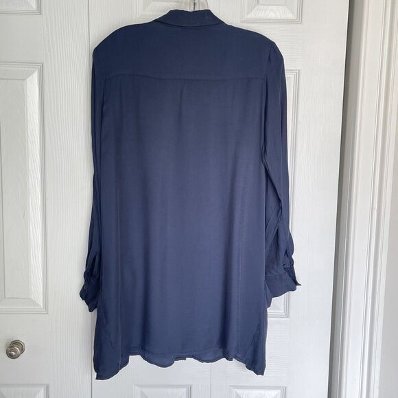 Zara Basic Z1975 Denim Small Shirt Blue Long Sleeve Button Up Velvet Decorative - Picture 13 of 16